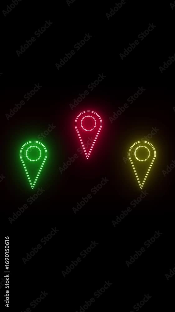 Poster social media post animated neon location pins vertical video. glowing map markers navigation app int