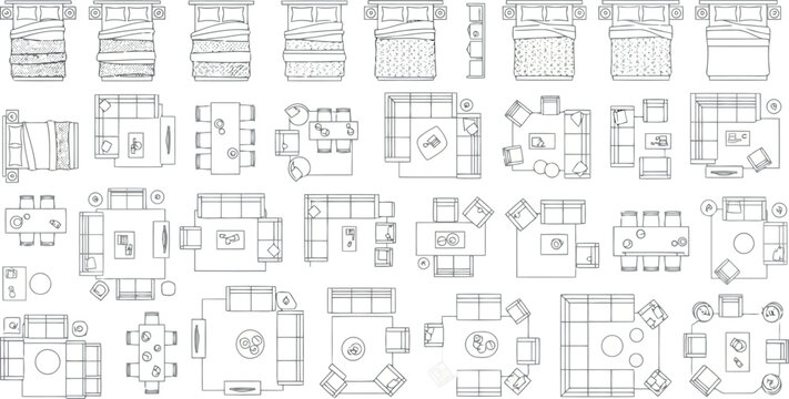 Vector vector art of collection of blueprint floor plan layouts for furniture and room arrangements transparent background