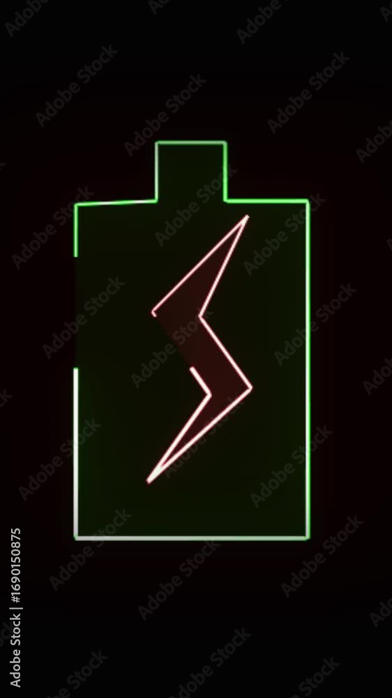Poster Digital interface power charge animation green neon loop vertical video. Neon glowing lock energy symbol secure tech background vertical video.