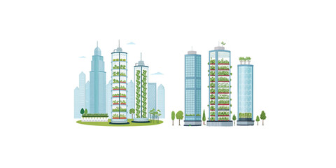 Fototapeta premium Print Futuristic Vertical Farms Inside Glass Skyscrapers with Greenery and Hydroponics – Vector Illustration