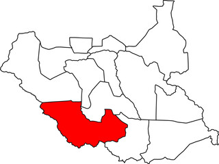 A vector map of South Sudan highlighting the Western Equatoria state. Ideal for geographical, cross-border, and political reports.

