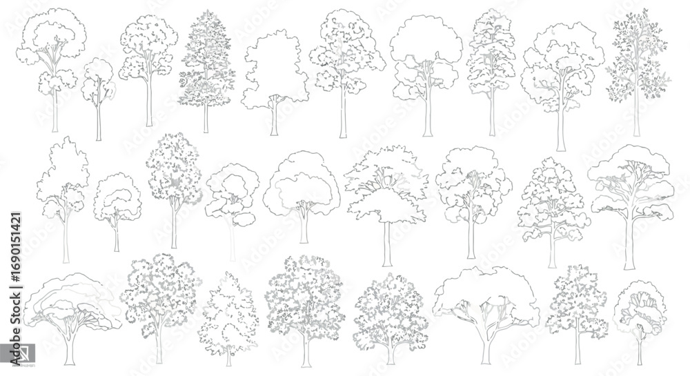 Poster vector vector art of collection of various tree sketches in different shapes and sizes transparent b