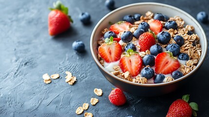 Cereals covered with blueberries and strawberries for breakfast