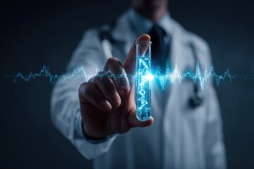 A doctor holding a test tube with glowing DNA and electrical waveform overlay