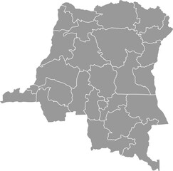 Clean, minimalist gray outline map of the Democratic Republic of the Congo with all provincial boundaries. Ideal for educational content, data visualization, or professional presentations.

