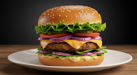 Delicious Burger With Fresh Ingredients On A White Plate