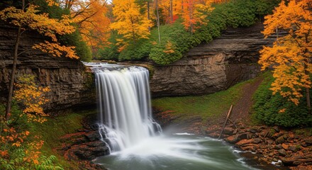 Autumn waterfall cascading over rock face, vibrant fall foliage