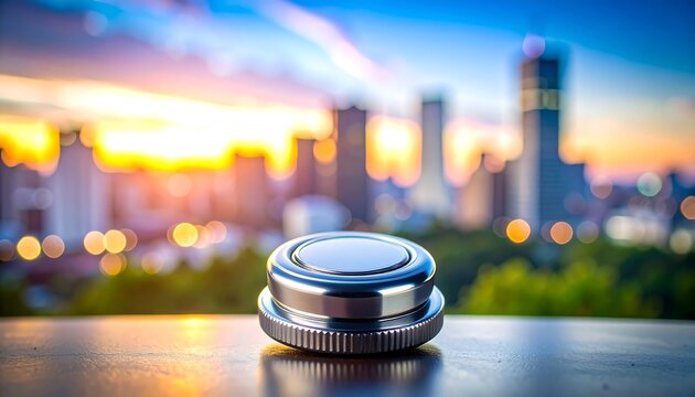 Metallic disc on a surface with cityscape