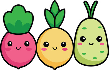 Cute chibi-style radish, turnip, and potato as little characters.
