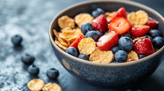 Cereals covered with blueberries and strawberries for breakfast - Powered by Adobe