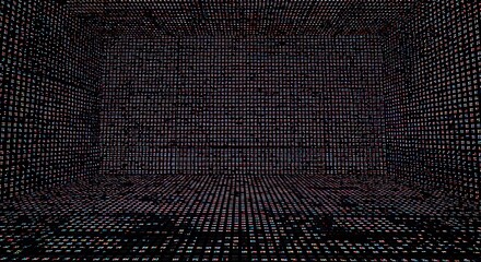 Digital pixelated matrix cube design with intricate patterns forming an immersive futuristic space