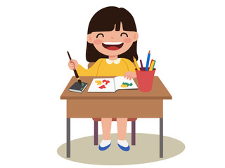 Illustration of a Smiling child holding a paintbrush with books, pencils, and art supplies on the table. Perfect for education themes, creative learning, school posters, and preschool activities.