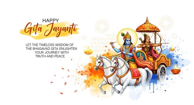 Lord krishna and arjuna on chariot celebrating gita jayanti festival