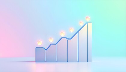 3d bar graph with upward trend and glowing cryptocurrency symbols against a pastel gradient background