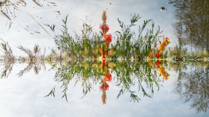 Symmetrical Reflection of Flowers and Grass in Calm Water