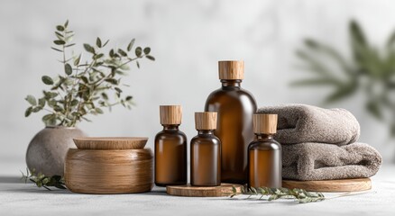 Spa-like display of amber-hued skincare and bath products