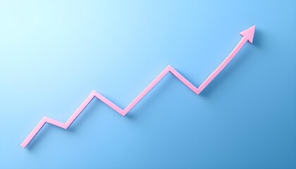 Pink arrow graph trending upwards indicating positive growth and financial success on a blue background