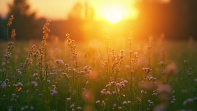 Spring meadow with flowers on sunset