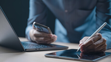 Using tablet analysis data. Analytics finance audit company. financial planning strategy....