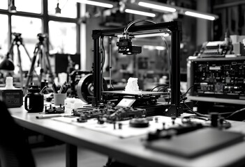 Modern workshop with 3d printer and electronic equipment on a workbench