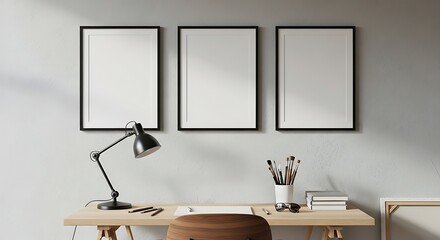 Modern Minimalist Workspace with Desk Lamp and Framed Pictures.