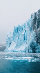 A towering glacier cliff overlooking a sea of ice and water.
