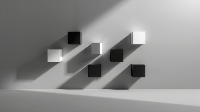 Black and white cubes on wall with shadows modern minimalist design stock photo for commercial use images