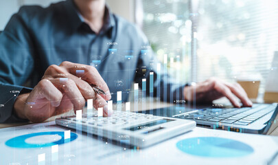 Financial analysis technology concept. Accounting data analytics. Analyst finance account. Dashboard system management. System integration report tech software. Erp system.