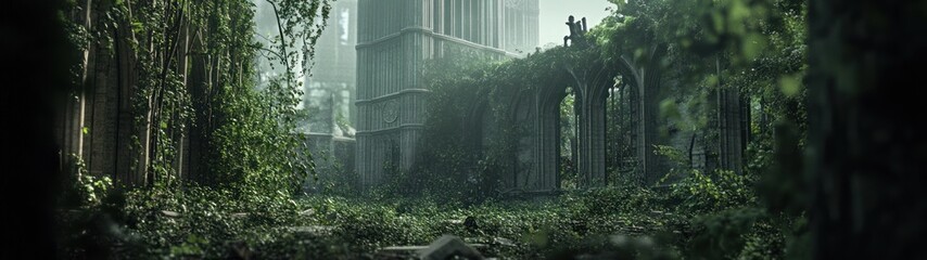 Overgrown Stone Structure in a Foggy Forest