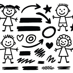  Seamless Pattern  Hand-Drawn Children, Doodles, and Arrows in a Playful Cartoon Style