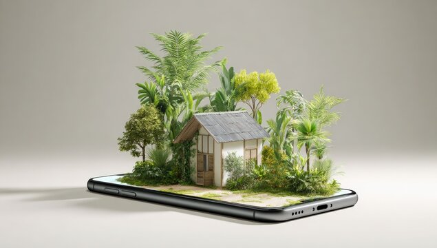 Tiny house nestled in a miniature jungle on a phone