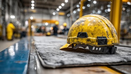 Industrial safety helmet on factory conveyor belt