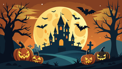 Vector art of halloween night scene with spooky castle, pumpkins, bats, and full moon