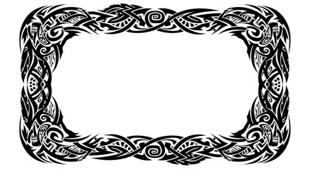 Bold tribal border design frames content with striking black and white abstract patterns