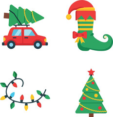 Festive Christmas Icon Set: Car, Elf Boot, Lights, Tree