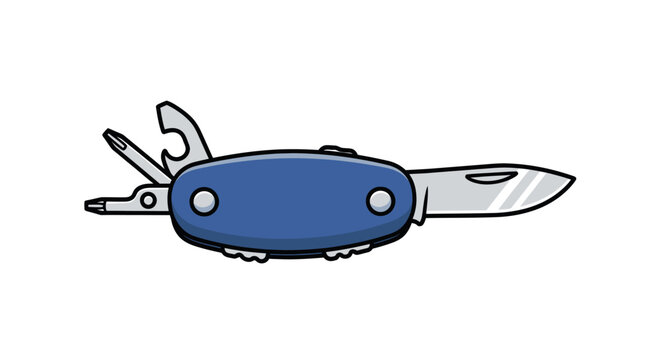 A blue multi-tool pocket knife with several open tools, depicted in a simple cartoon illustration style.