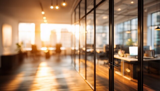 Blurred modern office interior at sunset