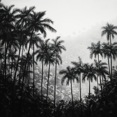 Silhouetted Palm Trees Against a Foggy Sky