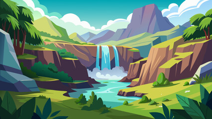 Vector art of scenic jungle landscape with waterfall cascading into a river on a sunny day