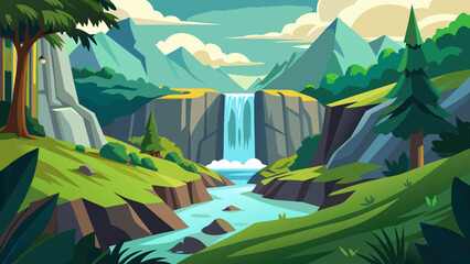 Vector art of beautiful waterfall landscape with green hills and mountains in the background