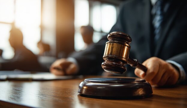 Gavel held in courtroom setting - Powered by Adobe