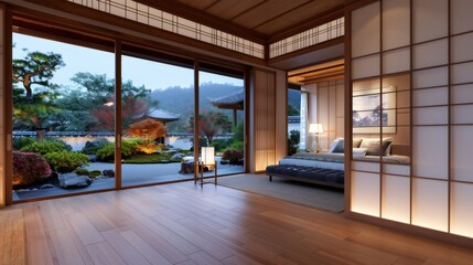Fototapeta premium Modern japanese bedroom overlooking beautiful zen garden at dusk