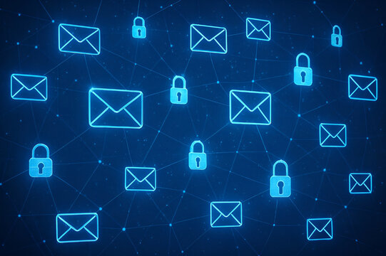 Digital Network of Interconnected Envelopes and Padlocks Representing Secure Email and Data Encryption.