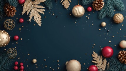 3D rendering of Christmas background, dark blue background and gold, surrounded by pine leaves, pine cones, golden decorative balls, with copy space in the middle, Christmas card concept design