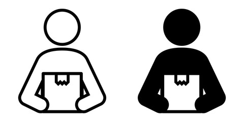 Simple black and white icon of a person holding a package, representing parcel delivery or receiving a shipment. Minimal line art and filled version for logistics, courier, and shipping design use.
