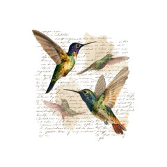 Vintage Hummingbirds in Flight Amidst Antique Manuscript
