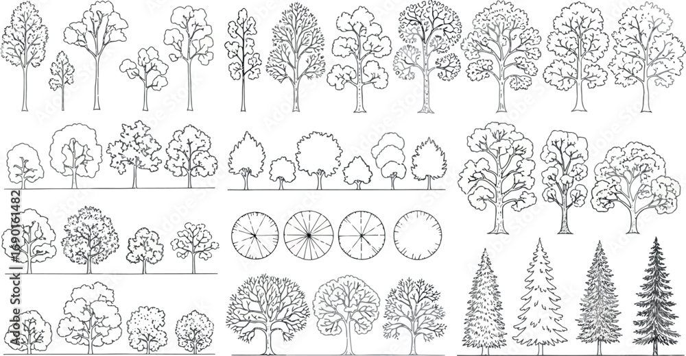 Poster vector vector art of collection of handdrawn tree illustrations in various styles and sizes, transpa