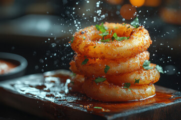 A pile of fried shrimp on a wooden plate.