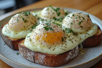Plate of food on wooden table.