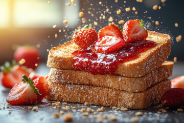Toasted bread topped with strawberries and chocolate.